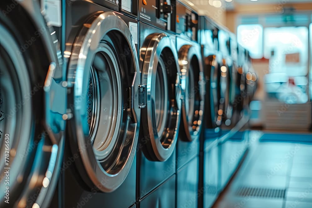A row of industrial washing machines in a public laundromat illustrating why it's important to learn personal finance for lawyers and professionals.