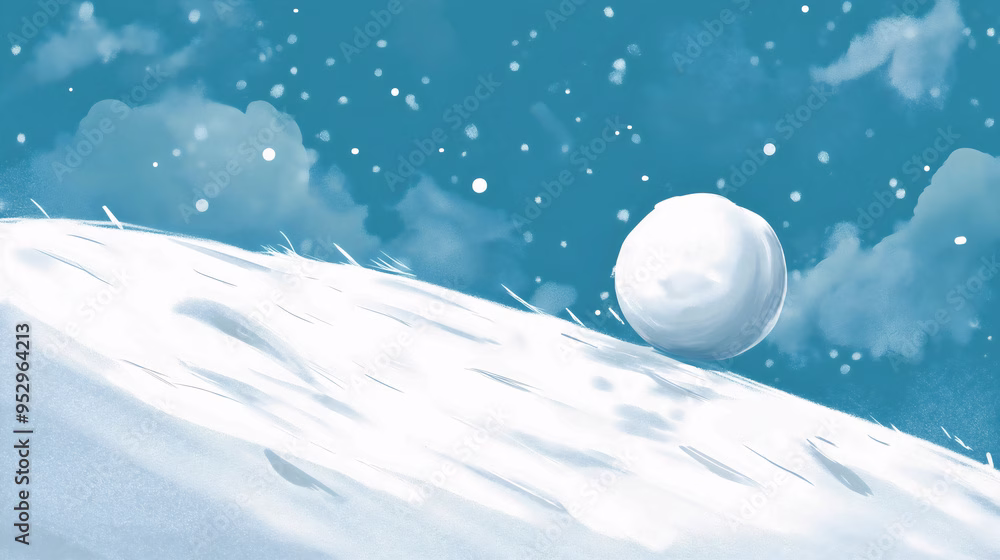 Snowball effect illustration, growing momentum down snowy hill, financial growth metaphor with rolling ball, increasing investment concept, winter economy, increase development, illustrating paying off debt using either the Debt Snowball or Debt Avalanche method.